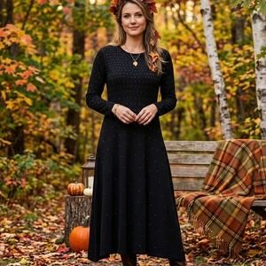 Ellen Ashley Vintage 90s Women Black Beaded Long Sleeve A Line Midi Dress Medium